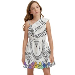 Rainbow Fun Cute Minimal Doodle Drawing Kids  One Shoulder Party Dress by uniart180623