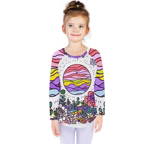 Rainbow Fun Cute Minimal Doodle Drawing Unique Kids  Long Sleeve Tee by uniart180623