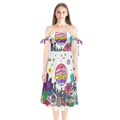 Rainbow Fun Cute Minimal Doodle Drawing Unique Shoulder Tie Bardot Midi Dress by uniart180623