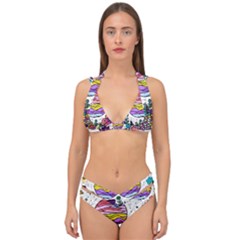 Rainbow Fun Cute Minimal Doodle Drawing Unique Double Strap Halter Bikini Set by uniart180623