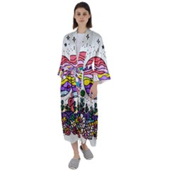 Rainbow Fun Cute Minimal Doodle Drawing Unique Maxi Satin Kimono by uniart180623