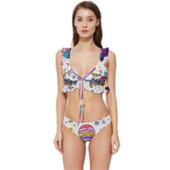 Rainbow Fun Cute Minimal Doodle Drawing Unique Low Cut Ruffle Edge Bikini Set by uniart180623