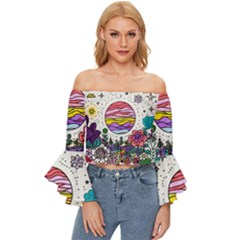 Rainbow Fun Cute Minimal Doodle Drawing Unique Off Shoulder Flutter Bell Sleeve Top by uniart180623