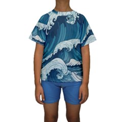 Waves Ocean Sea Pattern Water Tsunami Rough Seas Kids  Short Sleeve Swimwear