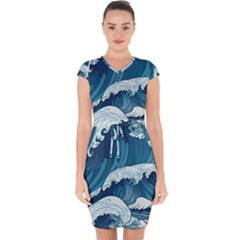 Waves Ocean Sea Pattern Water Tsunami Rough Seas Capsleeve Drawstring Dress  by uniart180623