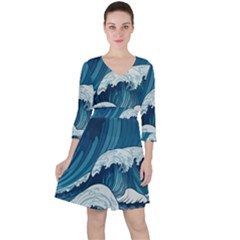 Waves Ocean Sea Pattern Water Tsunami Rough Seas Quarter Sleeve Ruffle Waist Dress by uniart180623