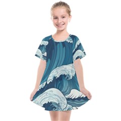 Waves Ocean Sea Pattern Water Tsunami Rough Seas Kids  Smock Dress by uniart180623