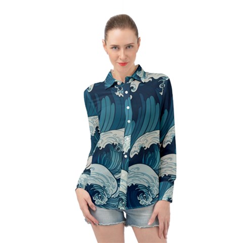 Waves Ocean Sea Pattern Water Tsunami Rough Seas Long Sleeve Chiffon Shirt by uniart180623