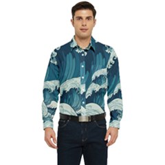 Waves Ocean Sea Pattern Water Tsunami Rough Seas Men s Long Sleeve Pocket Shirt  by uniart180623