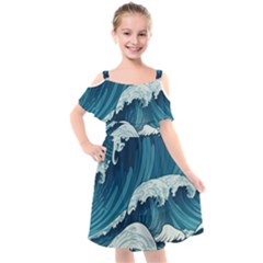 Waves Ocean Sea Pattern Water Tsunami Rough Seas Kids  Cut Out Shoulders Chiffon Dress by uniart180623