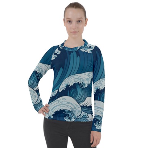 Waves Ocean Sea Pattern Water Tsunami Rough Seas Women s Pique Long Sleeve Tee by uniart180623