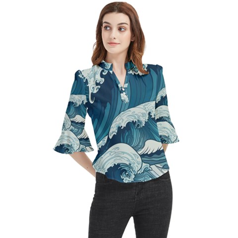 Waves Ocean Sea Pattern Water Tsunami Rough Seas Loose Horn Sleeve Chiffon Blouse by uniart180623