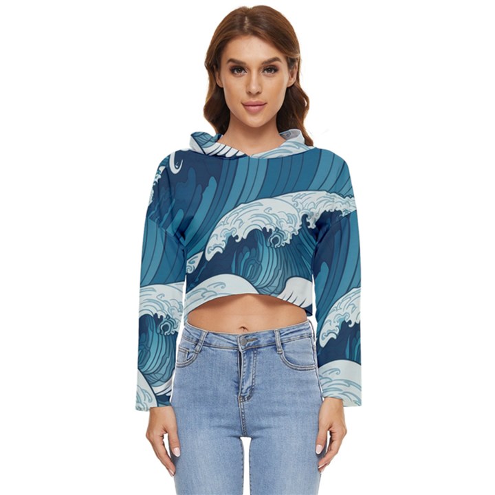 Waves Ocean Sea Pattern Water Tsunami Rough Seas Women s Lightweight Cropped Hoodie