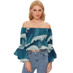 Waves Ocean Sea Pattern Water Tsunami Rough Seas Off Shoulder Flutter Bell Sleeve Top by uniart180623