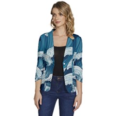 Waves Ocean Sea Pattern Water Tsunami Rough Seas Women s One-button 3/4 Sleeve Short Jacket by uniart180623