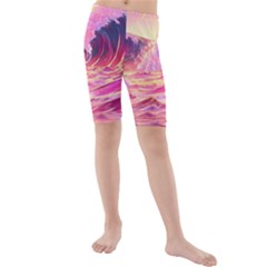 Waves Ocean Sea Tsunami Nautical Red Yellow Kids  Mid Length Swim Shorts by uniart180623