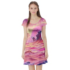 Waves Ocean Sea Tsunami Nautical Red Yellow Short Sleeve Skater Dress by uniart180623