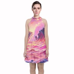 Waves Ocean Sea Tsunami Nautical Red Yellow Velvet Halter Neckline Dress  by uniart180623