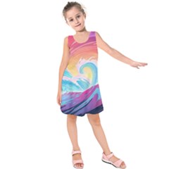 Waves Ocean Sea Tsunami Nautical Kids  Sleeveless Dress by uniart180623