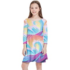 Waves Ocean Sea Tsunami Nautical Kids  Quarter Sleeve Skater Dress by uniart180623