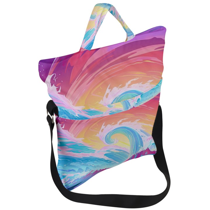 Waves Ocean Sea Tsunami Nautical Fold Over Handle Tote Bag