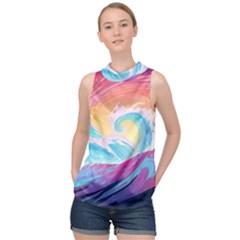 Waves Ocean Sea Tsunami Nautical High Neck Satin Top by uniart180623