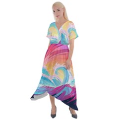 Waves Ocean Sea Tsunami Nautical Cross Front Sharkbite Hem Maxi Dress by uniart180623