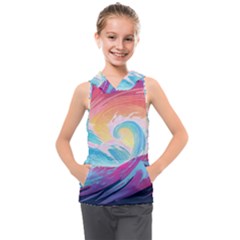 Waves Ocean Sea Tsunami Nautical Kids  Sleeveless Hoodie by uniart180623