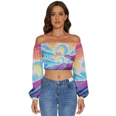 Waves Ocean Sea Tsunami Nautical Long Sleeve Crinkled Weave Crop Top by uniart180623