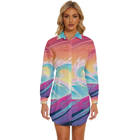 Waves Ocean Sea Tsunami Nautical Womens Long Sleeve Shirt Dress by uniart180623