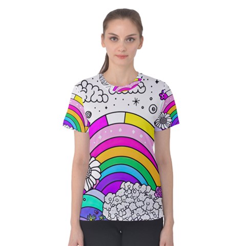 Rainbow Fun Cute Minimal Doodle Drawing Art Women s Cotton Tee by uniart180623