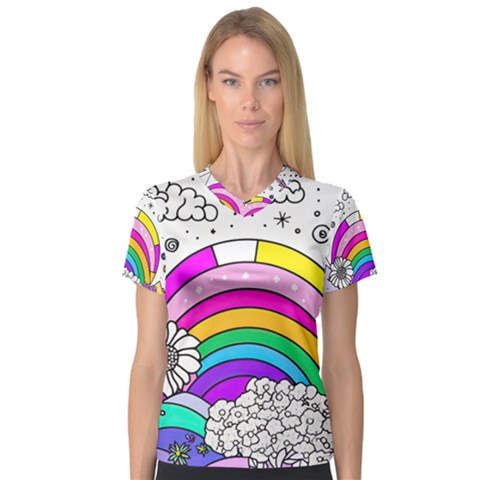 Rainbow Fun Cute Minimal Doodle Drawing Art V-neck Sport Mesh Tee by uniart180623