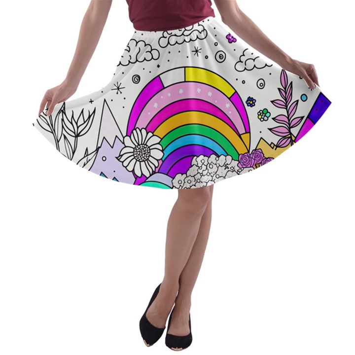 Rainbow Fun Cute Minimal Doodle Drawing Art A-line Skater Skirt