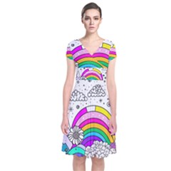 Rainbow Fun Cute Minimal Doodle Drawing Art Short Sleeve Front Wrap Dress by uniart180623