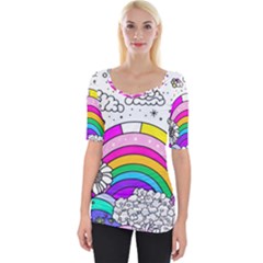 Rainbow Fun Cute Minimal Doodle Drawing Art Wide Neckline Tee