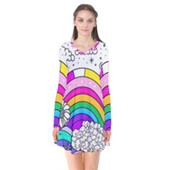 Rainbow Fun Cute Minimal Doodle Drawing Art Long Sleeve V-neck Flare Dress by uniart180623