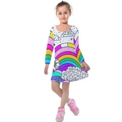 Rainbow Fun Cute Minimal Doodle Drawing Art Kids  Long Sleeve Velvet Dress by uniart180623