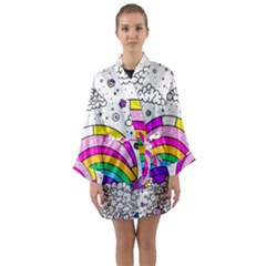 Rainbow Fun Cute Minimal Doodle Drawing Art Long Sleeve Satin Kimono by uniart180623