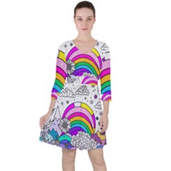 Rainbow Fun Cute Minimal Doodle Drawing Art Quarter Sleeve Ruffle Waist Dress by uniart180623