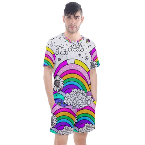 Rainbow Fun Cute Minimal Doodle Drawing Art Men s Mesh Tee And Shorts Set by uniart180623