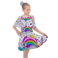 Rainbow Fun Cute Minimal Doodle Drawing Art Kids  Shoulder Cutout Chiffon Dress by uniart180623