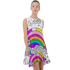 Rainbow Fun Cute Minimal Doodle Drawing Art Frill Swing Dress by uniart180623