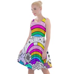 Rainbow Fun Cute Minimal Doodle Drawing Art Knee Length Skater Dress