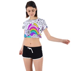 Rainbow Fun Cute Minimal Doodle Drawing Art Tie Back Short Sleeve Crop Tee by uniart180623