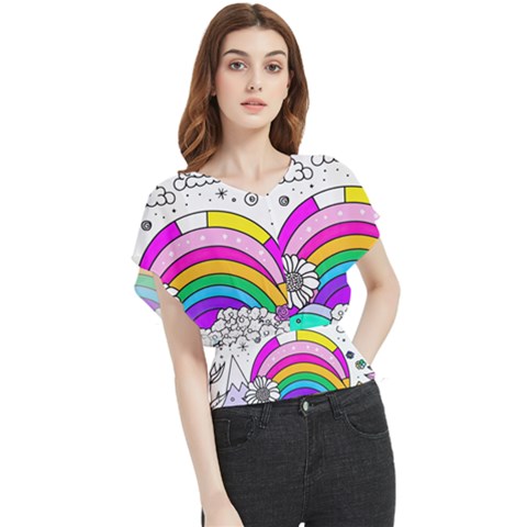 Rainbow Fun Cute Minimal Doodle Drawing Art Butterfly Chiffon Blouse by uniart180623