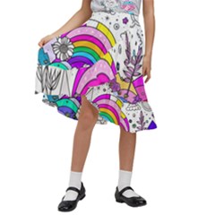 Rainbow Fun Cute Minimal Doodle Drawing Art Kids  Ruffle Flared Wrap Midi Skirt