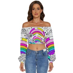 Rainbow Fun Cute Minimal Doodle Drawing Art Long Sleeve Crinkled Weave Crop Top by uniart180623