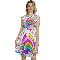 Rainbow Fun Cute Minimal Doodle Drawing Art Cap Sleeve High Waist Dress by uniart180623