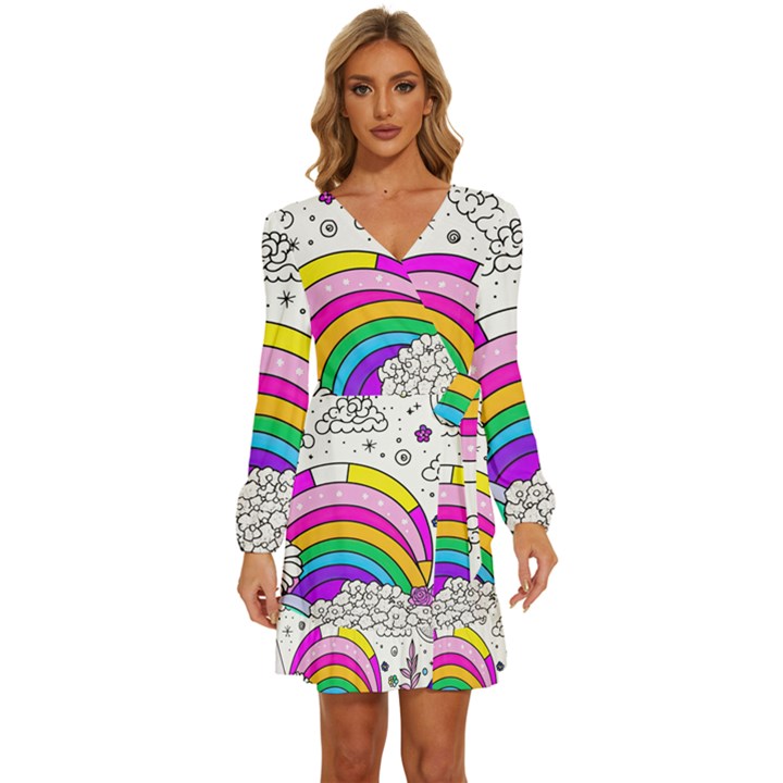 Rainbow Fun Cute Minimal Doodle Drawing Art Long Sleeve Waist Tie Ruffle Velvet Dress