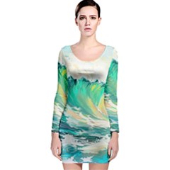 Waves Ocean Sea Tsunami Nautical Art Long Sleeve Bodycon Dress by uniart180623